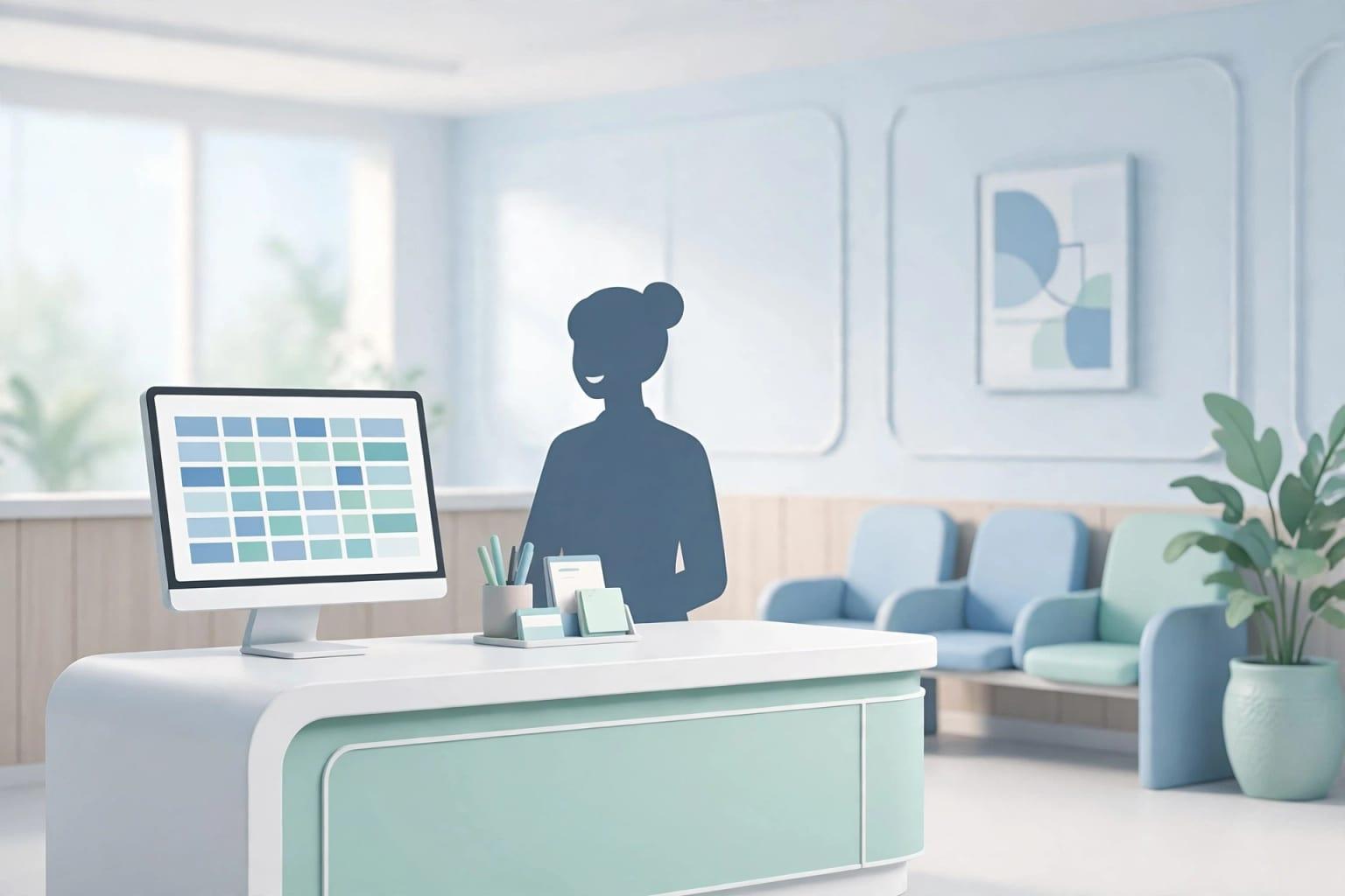 Illustration: a reception desk with a computer. Every call and every visitor passes through this screen.
