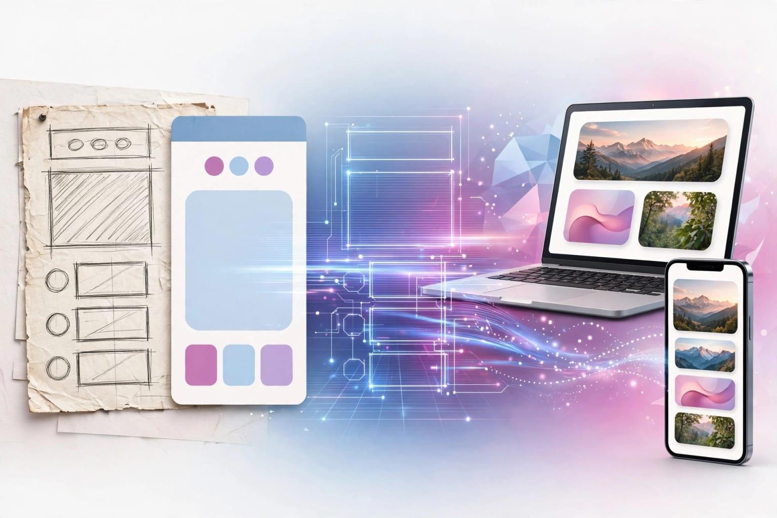 Illustration: a design sketch turning into a live app. The picture sets the look; your written description sets how the system behaves.