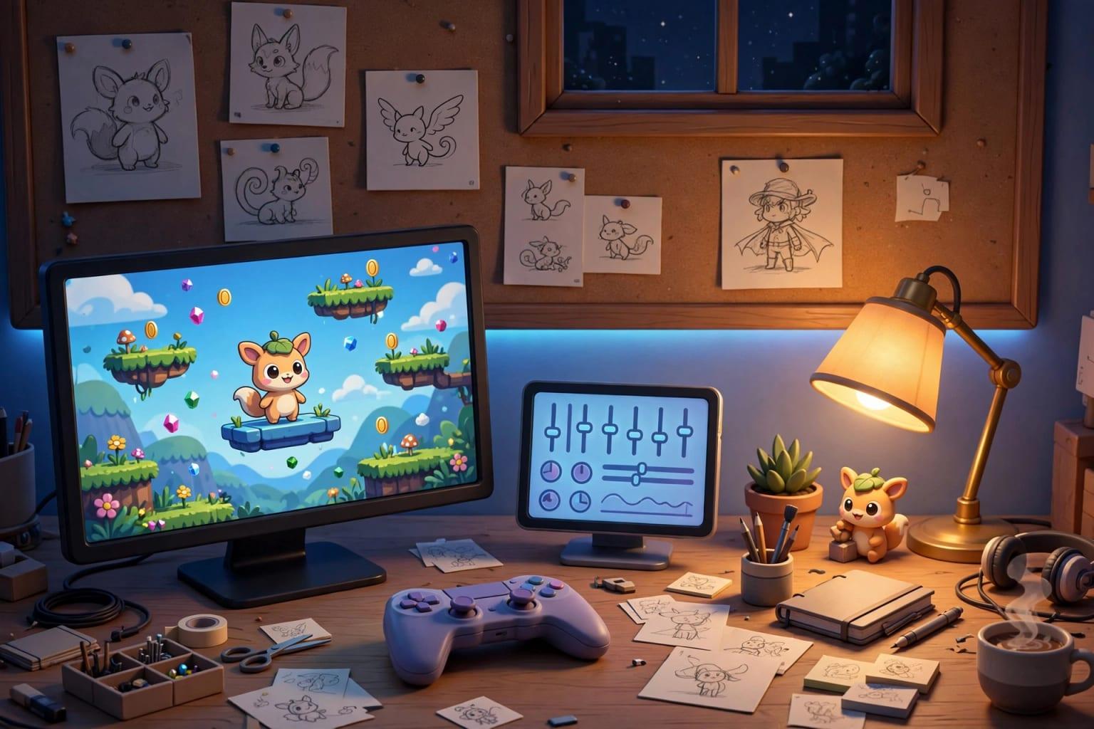 Illustration: a game maker's desk. The first decision is not the tool but the shape of the idea.