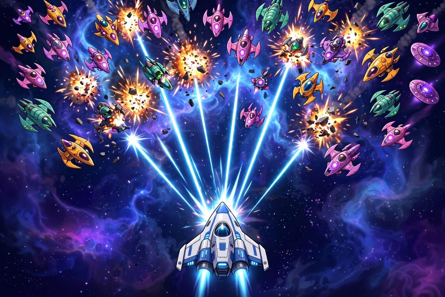 Illustration: a space shooter, a genre with simple rules that two lines can describe.