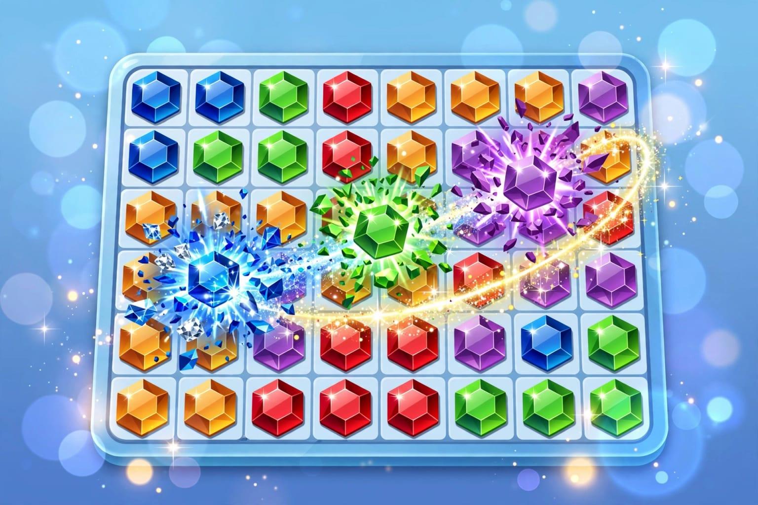 Illustration: a gem-matching game. One rule that players understand at a glance.