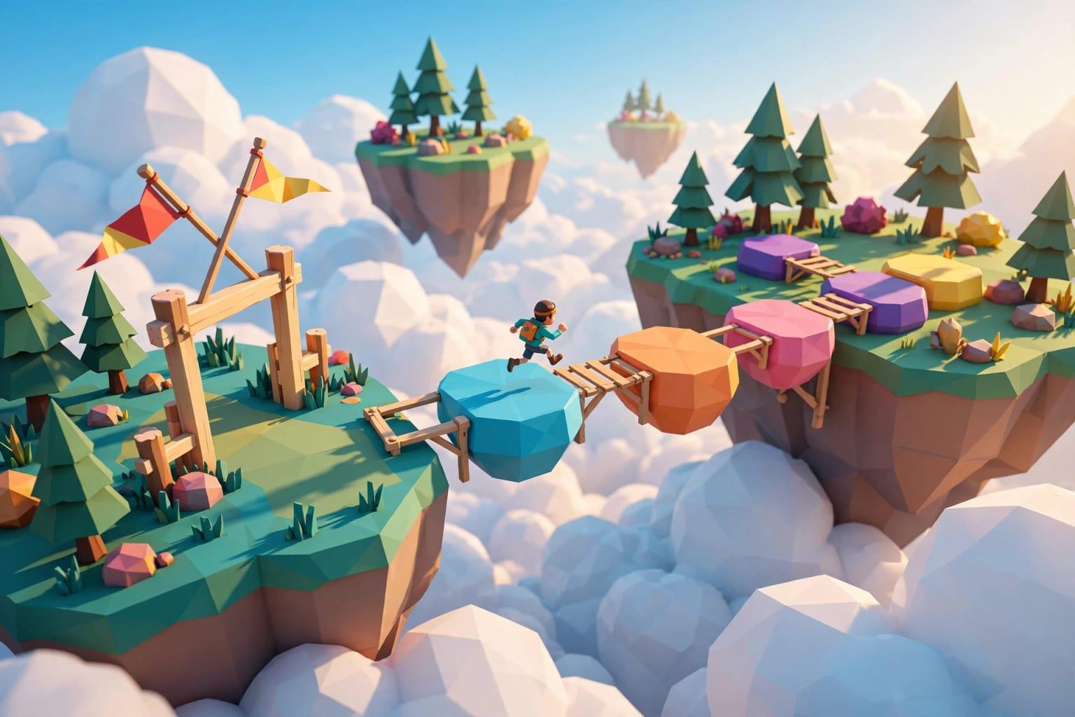 Illustration: an obstacle course on floating islands, the friendliest start for a 3D game.