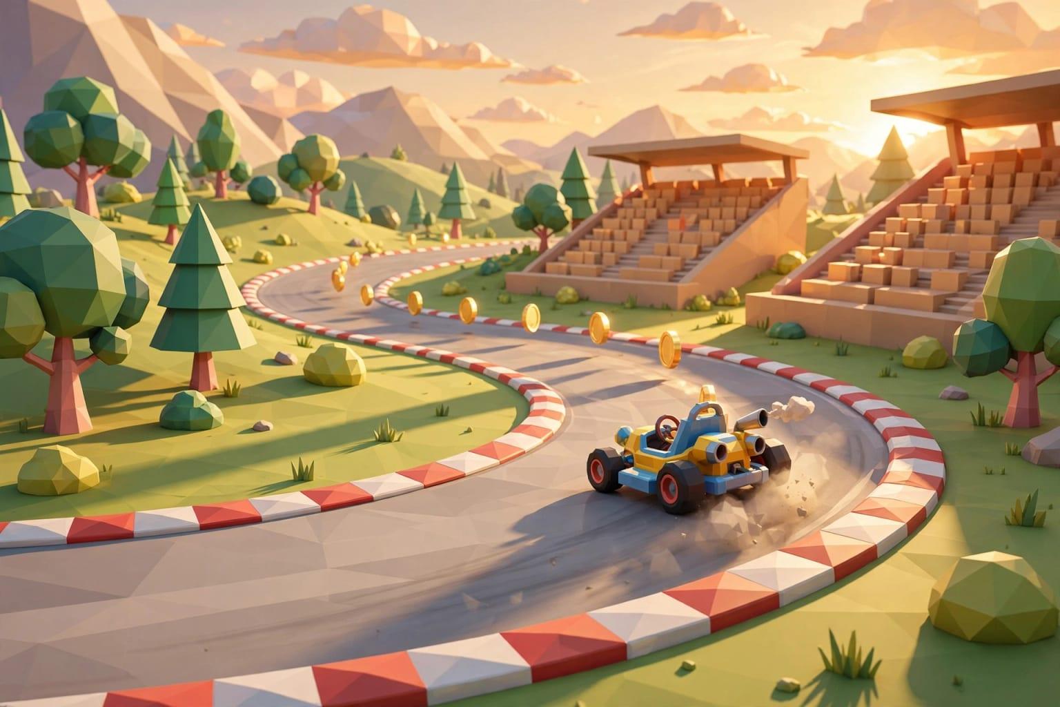 Illustration: a kart on a track. Driving from behind the vehicle does not carry over to a flat screen with the same feel.