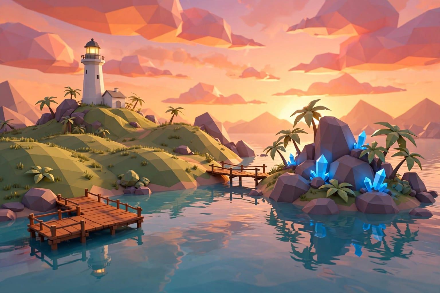 Illustration: an island at sunset with a lighthouse. A small world explored in minutes.
