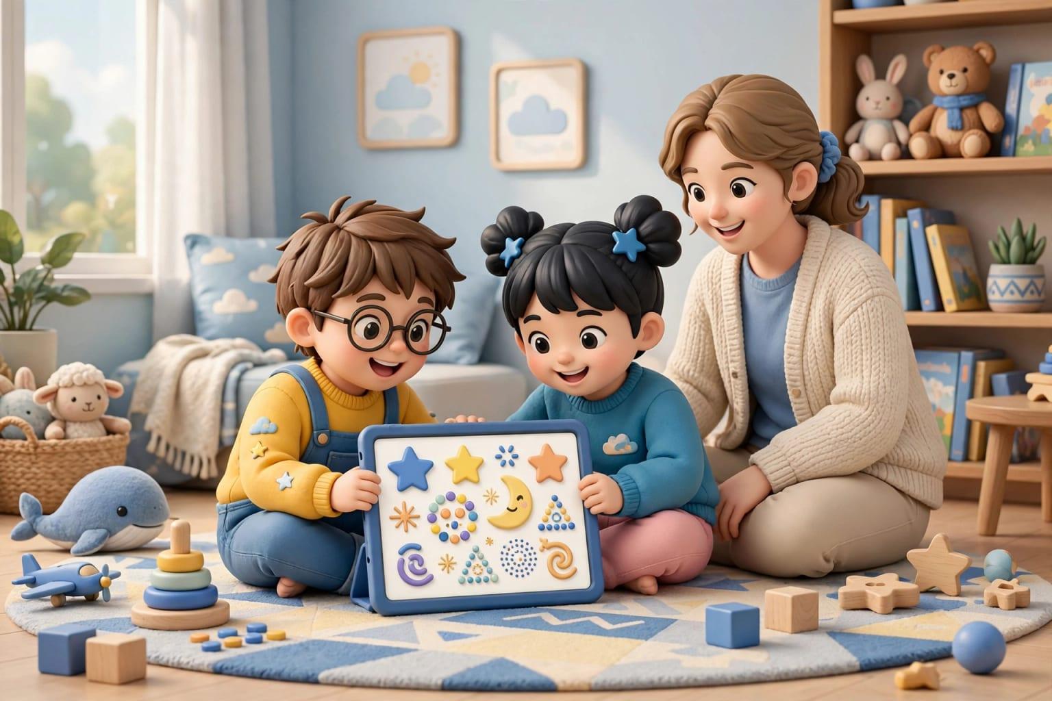 Illustration: children playing a learning game on a tablet.