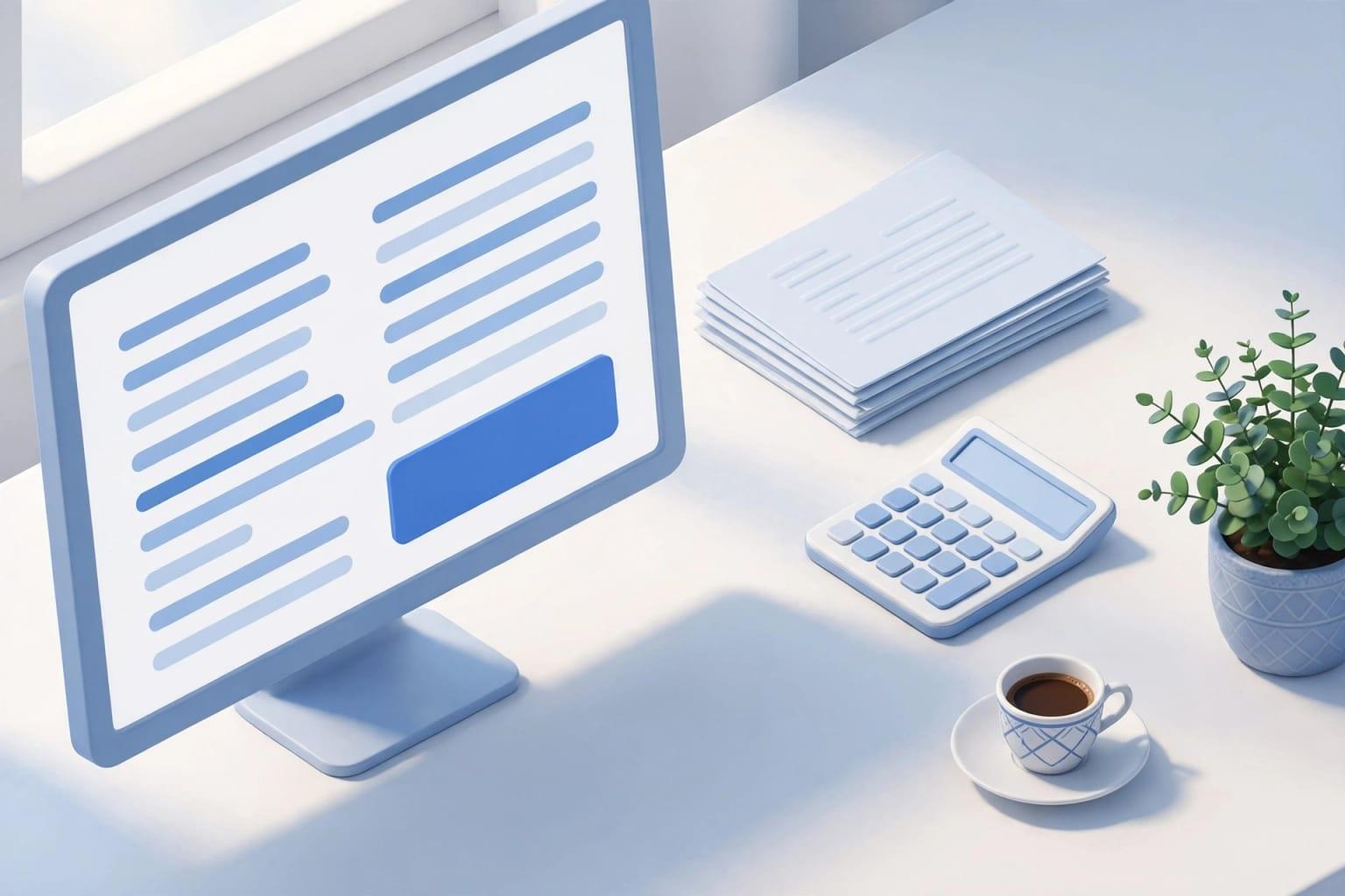 Illustration: a desk with printed invoices and a monitor. The paper stays, but it should come from one organized record.