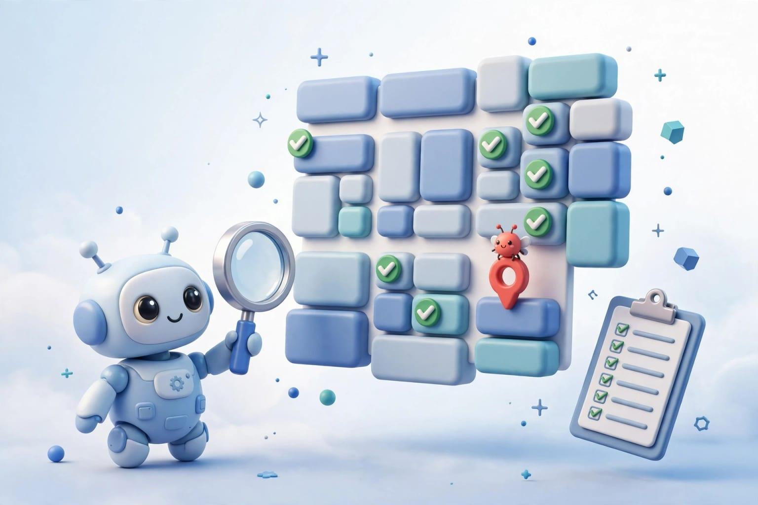 Illustration: a friendly robot inspecting a web page with a magnifier. That is the idea in one picture: a tester that never gets bored of repeating the same steps.