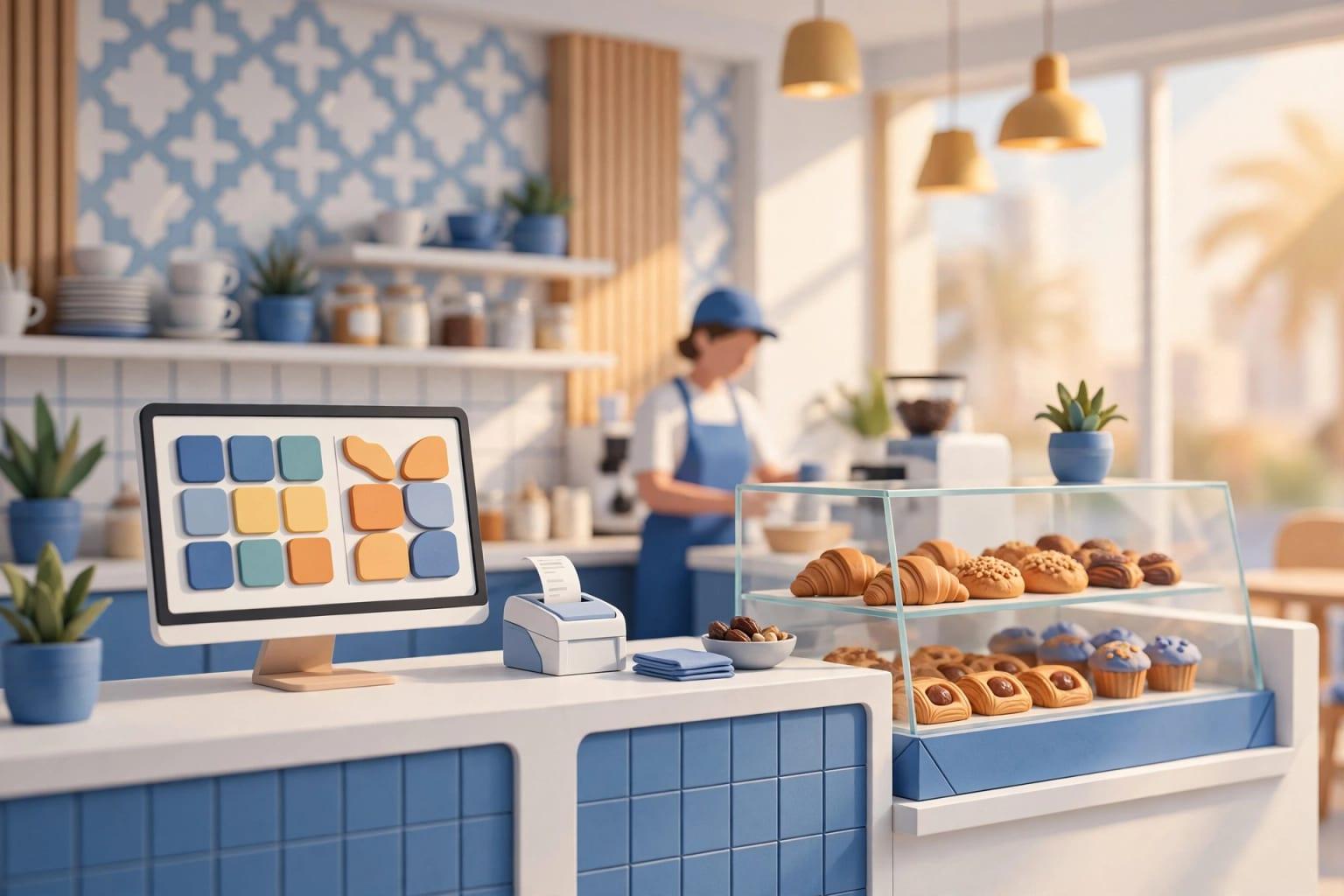 Illustration: a café counter with a PC showing a cashier screen. This is all a small shop needs to start.