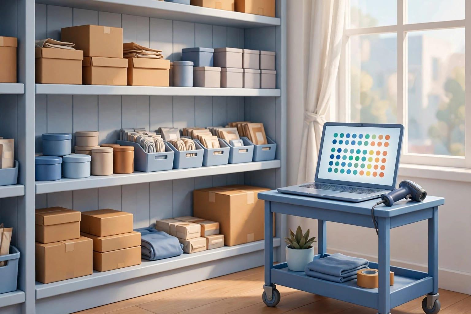 Illustration: stockroom shelves with a laptop in front. Controlled stock starts with one screen everybody trusts.