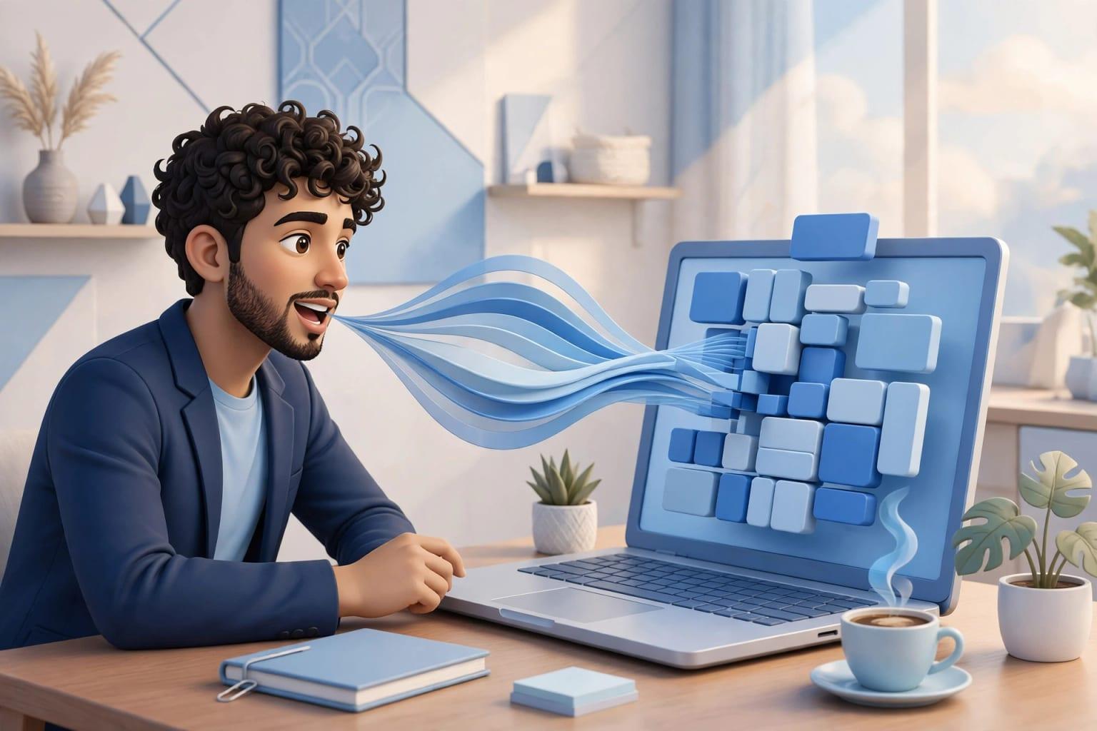 Illustration: a person speaking to a laptop while sound waves turn into screens. Speech becomes a written request, and the request becomes software.